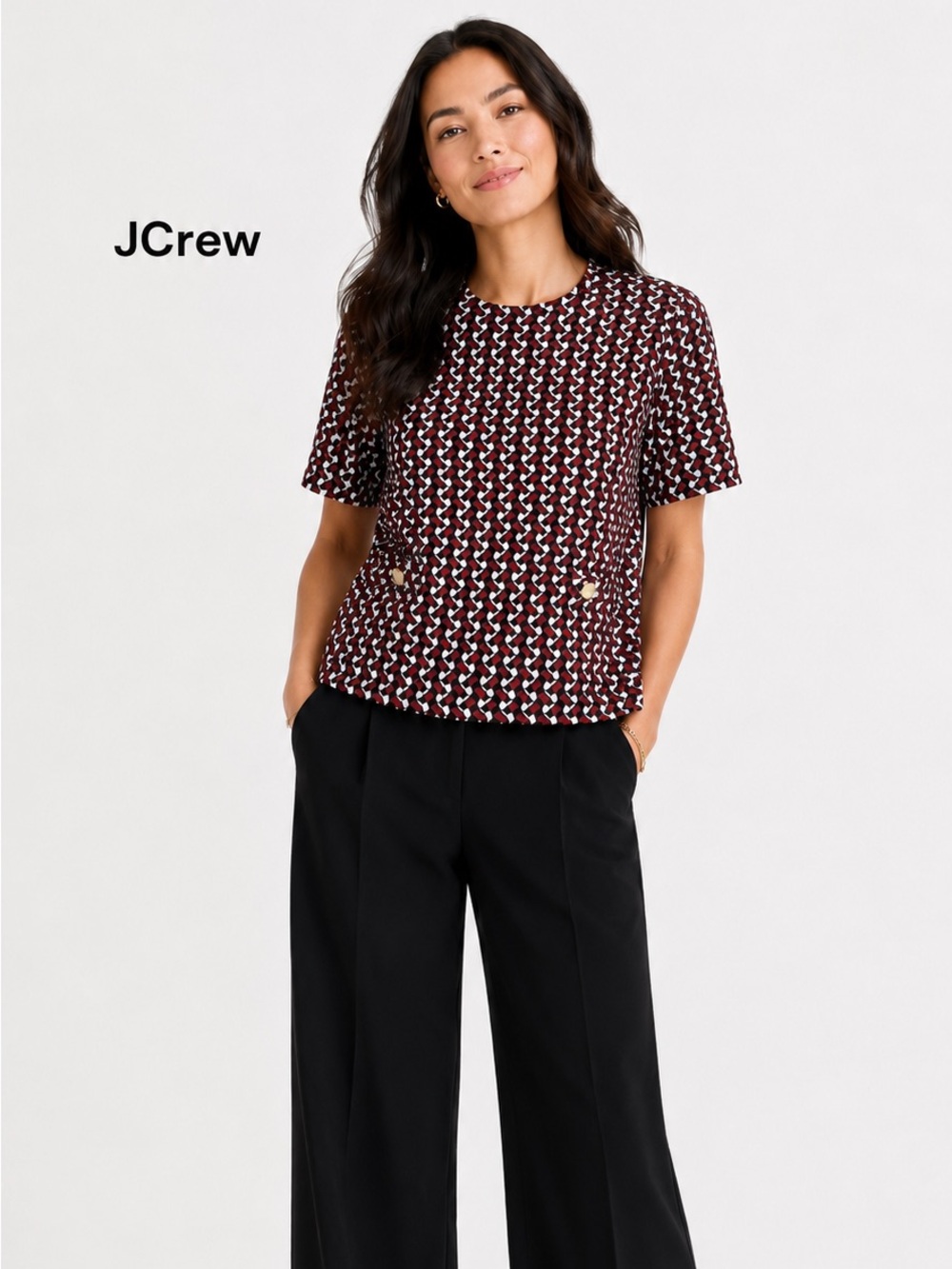 J.Crew Geometric Print Mock Neck Top Size S/M Red Navy White Mod Gold Buttons